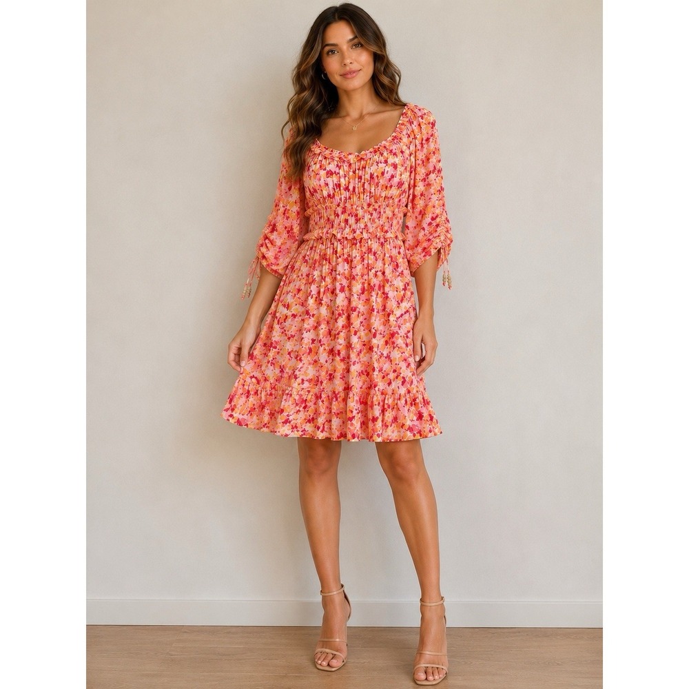 Hale‎ Bob Floral Boho Smocked Waist Midi Dress Pink Orange Size S